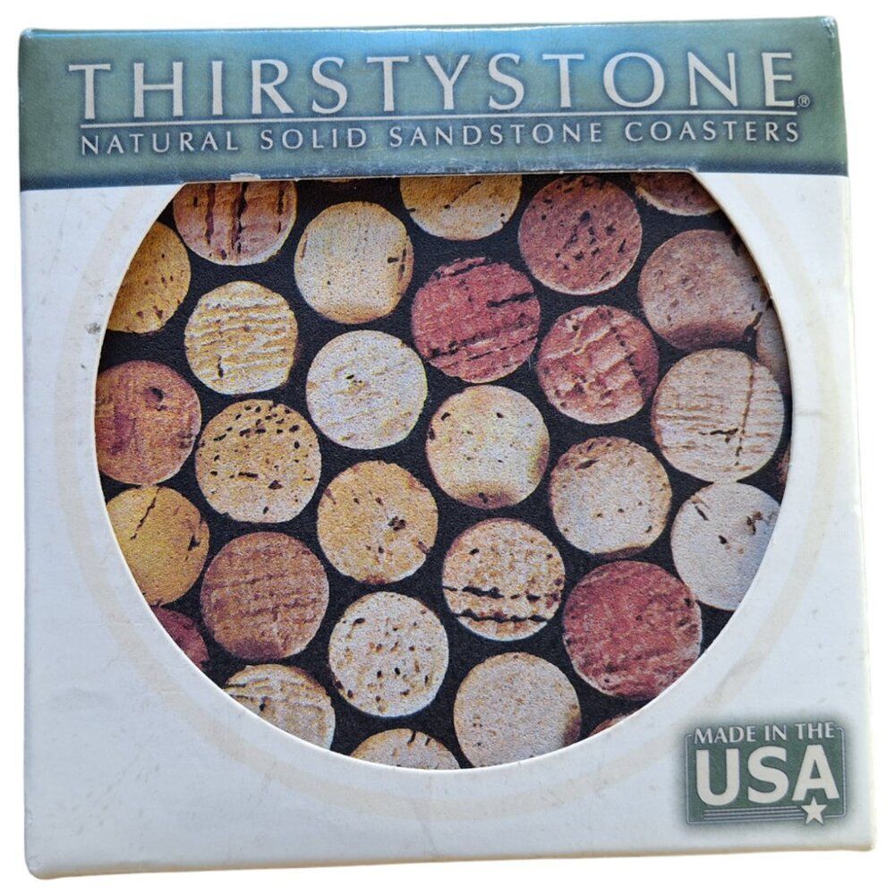 NIB Thirstystone Natural Sandstone Coasters 4 Piece Set Cork Circle Neutral USA